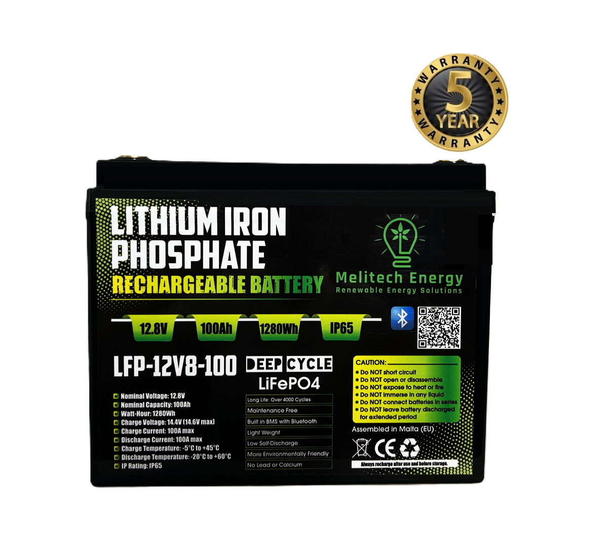 Battery LiFePO4: 12.8V/100Ah (1280Wh): Smart active balance + Bluetooth