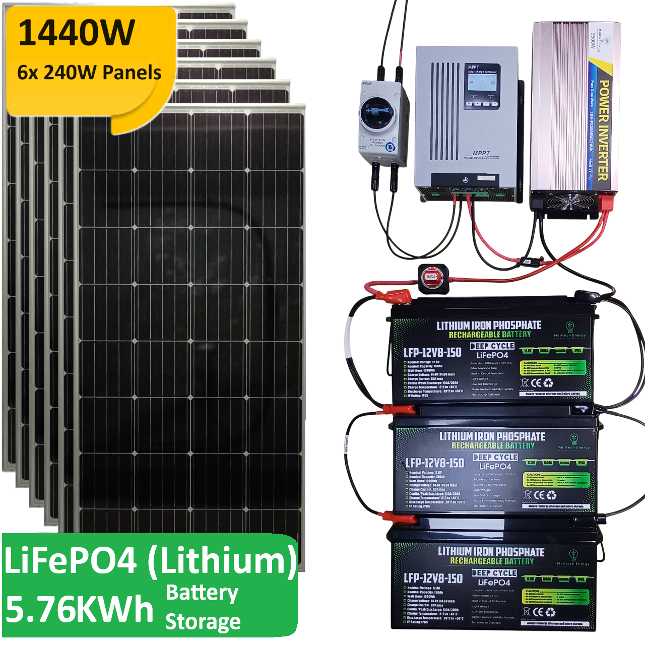 COMPLETE KIT: 1.44KW PV, 100A MPPT, 3.5KW Inverter, 450Ah (5.76KWh) LiFePO4