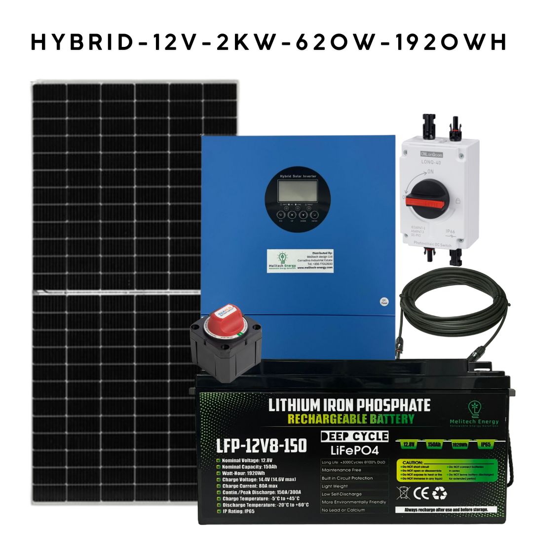 2kW Hybrid Off-Grid Solar Kit - 12V | 1x 620W Panels | 1920Wh LiFePO₄ Battery