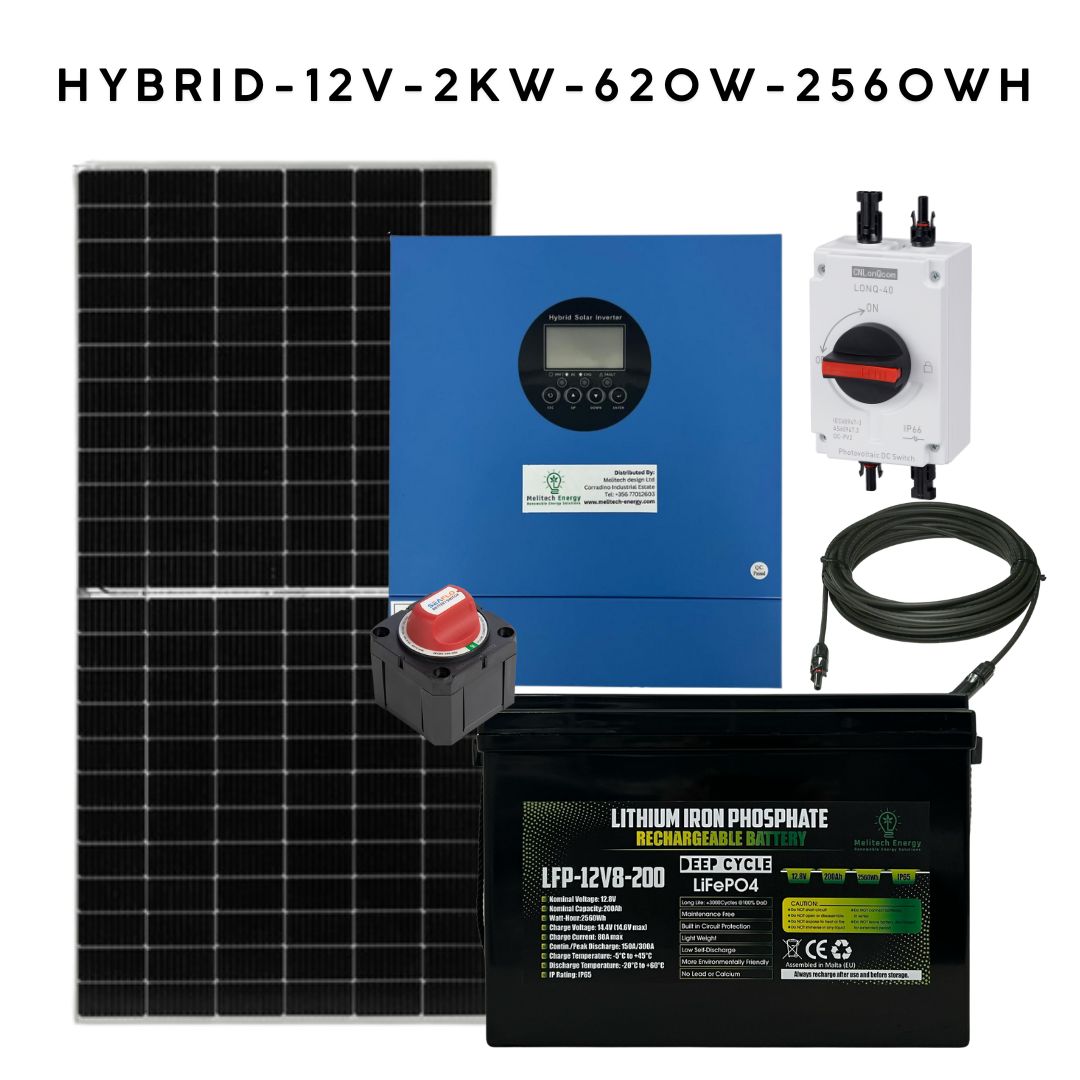 2kW Hybrid Off-Grid Solar Kit - 12V | 1x 620W Panels | 2560Wh LiFePO₄ Battery