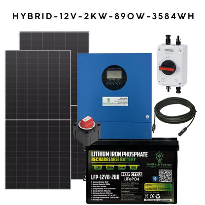 2kW Hybrid Off-Grid Solar Kit - 12V | 2x 445W Panels | 3580Wh LiFePO₄ Battery, Bluetooth