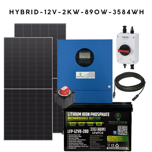 2kW Hybrid Off-Grid Solar Kit - 12V | 2x 445W Panels | 3580Wh LiFePO₄ Battery, Bluetooth