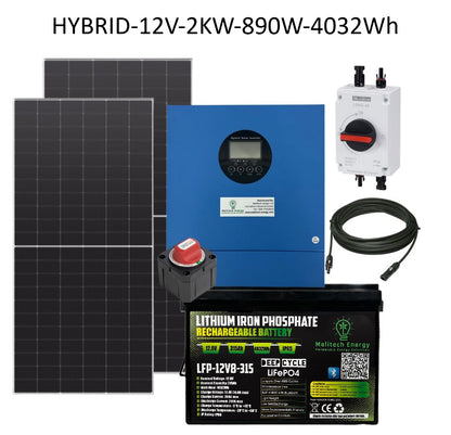 2kW Hybrid Off-Grid Solar Kit - 12V | 2x 445W Panels | 4032Wh LiFePO₄ Battery, Bluetooth
