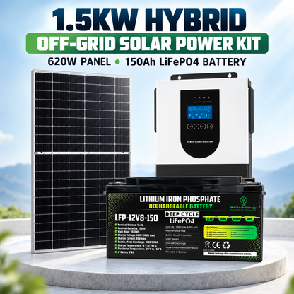 1.5kW Hybrid Off-Grid Solar Kit - 12V | 1x 620W Panels | 1920Wh LiFePO₄ Battery