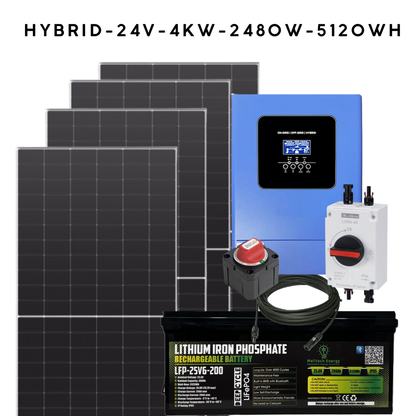 4.2kW Hybrid Off-Grid Solar Kit - 24V | 4x 620W Panels | 5120Wh LiFePO₄ Battery, Bluetooth