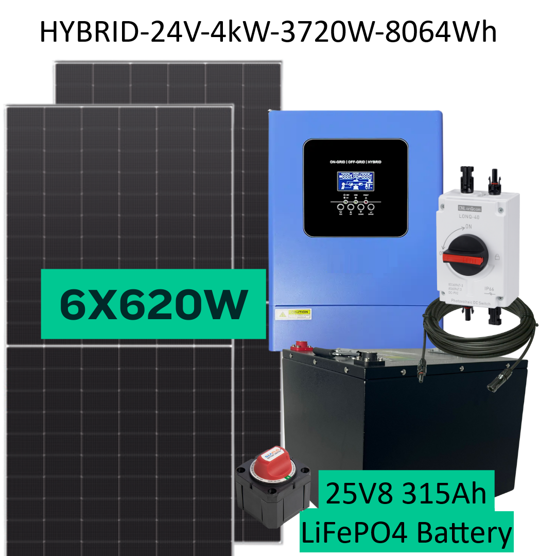 4.2kW Hybrid Off-Grid Solar Kit - 24V | 6x 620W Panels | 8064Wh LiFePO₄ Battery, Bluetooth