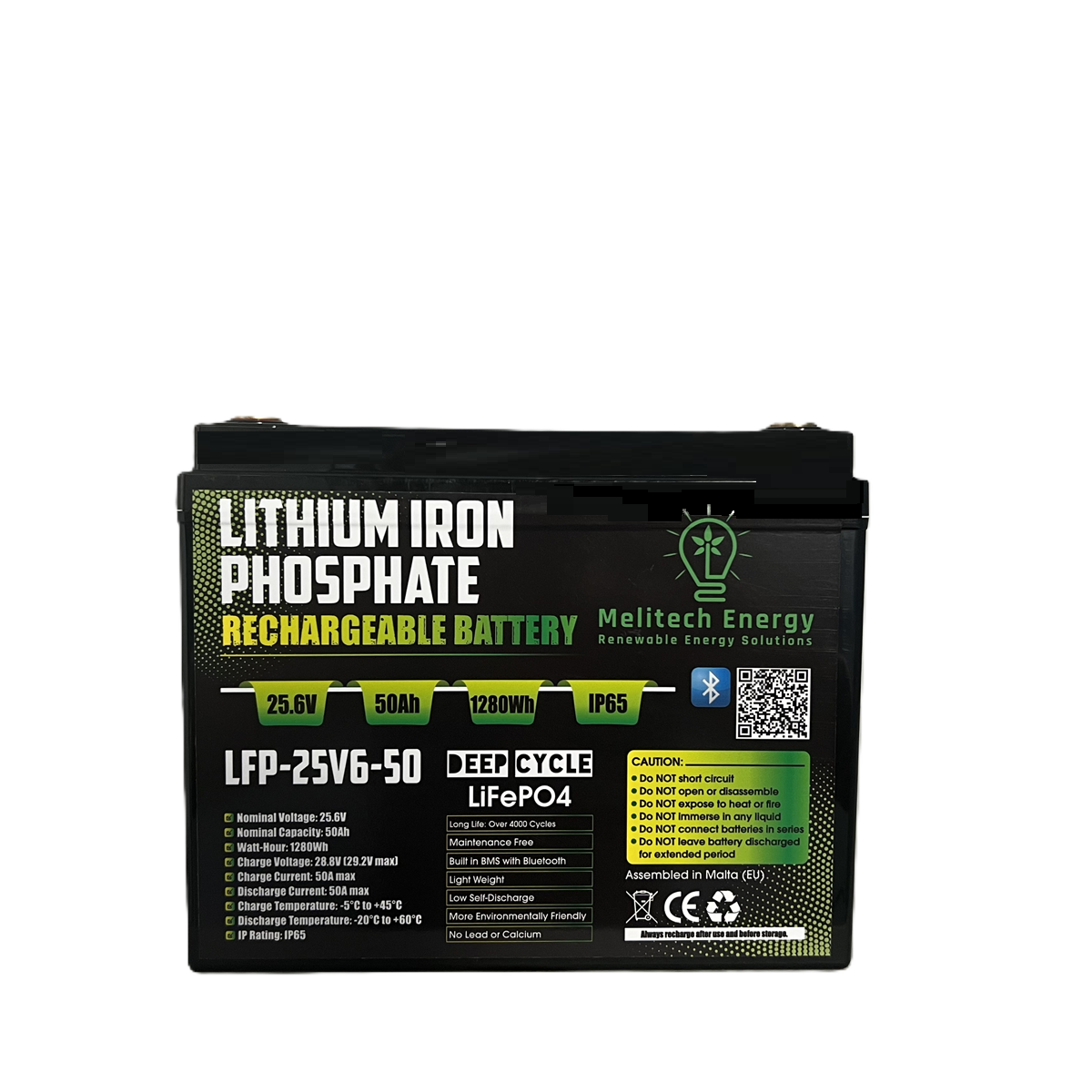 Battery LiFePO4: 25.6V/ 50Ah (1280Wh): Smart active balance + Bluetooth - 7 Yrs Guarantee