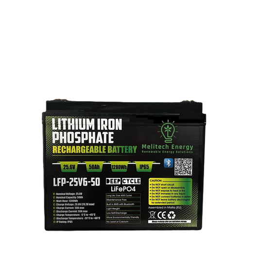 Battery LiFePO4: 25.6V/ 50Ah (1280Wh): Smart active balance + Bluetooth - 7 Yrs Guarantee