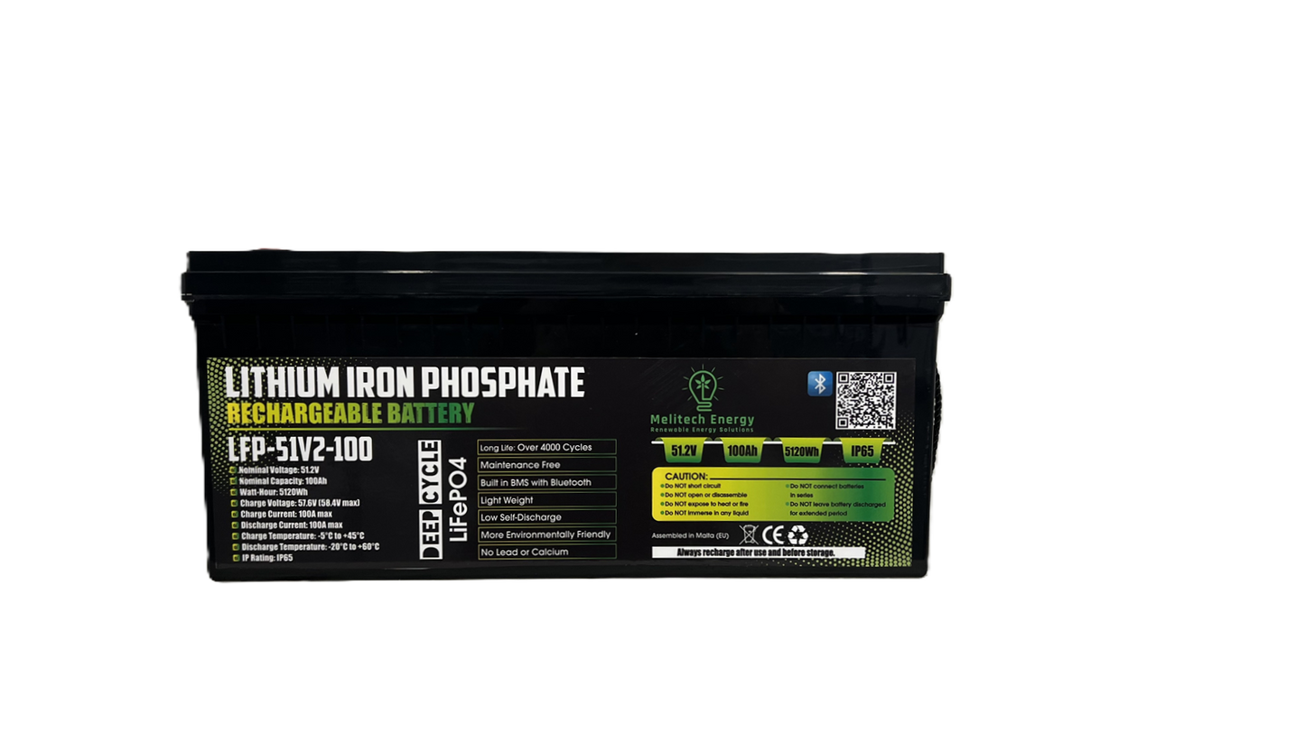 Battery LiFePO4: 51.2V/100Ah (5120Wh): Smart active balance + Bluetooth - 7 Yrs Guarantee