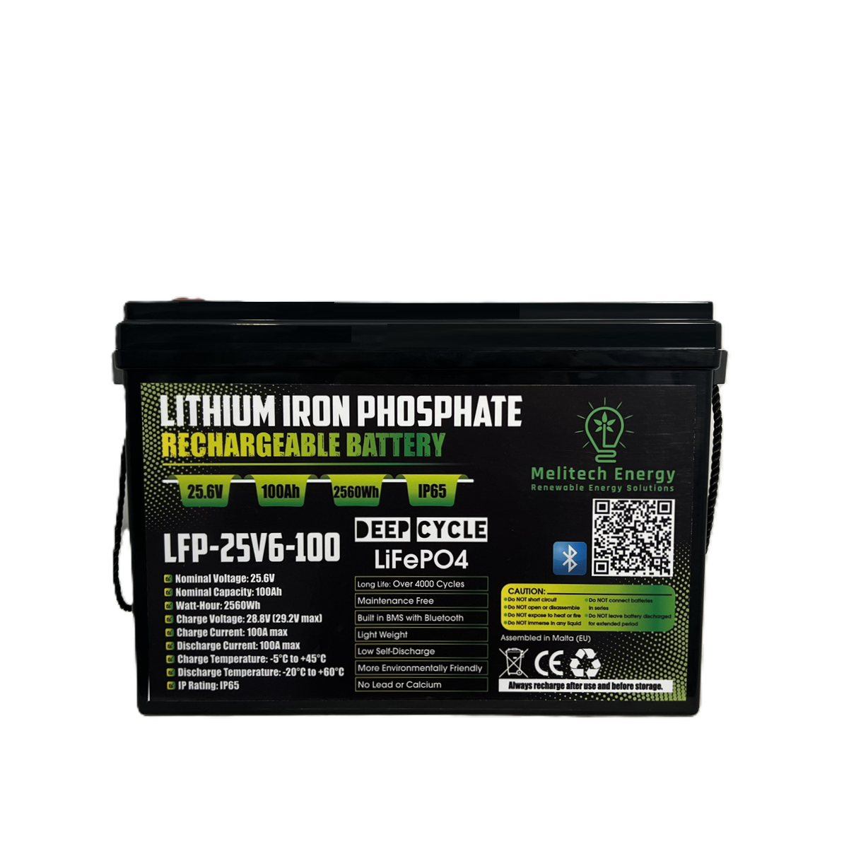 Battery LiFePO4: 25.6V/100Ah (2560Wh): Smart active balance + Bluetooth - 7 Yrs Guarantee