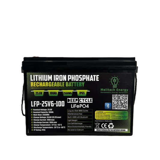 Battery LiFePO4: 25.6V/100Ah (2560Wh): Smart active balance + Bluetooth - 7 Yrs Guarantee