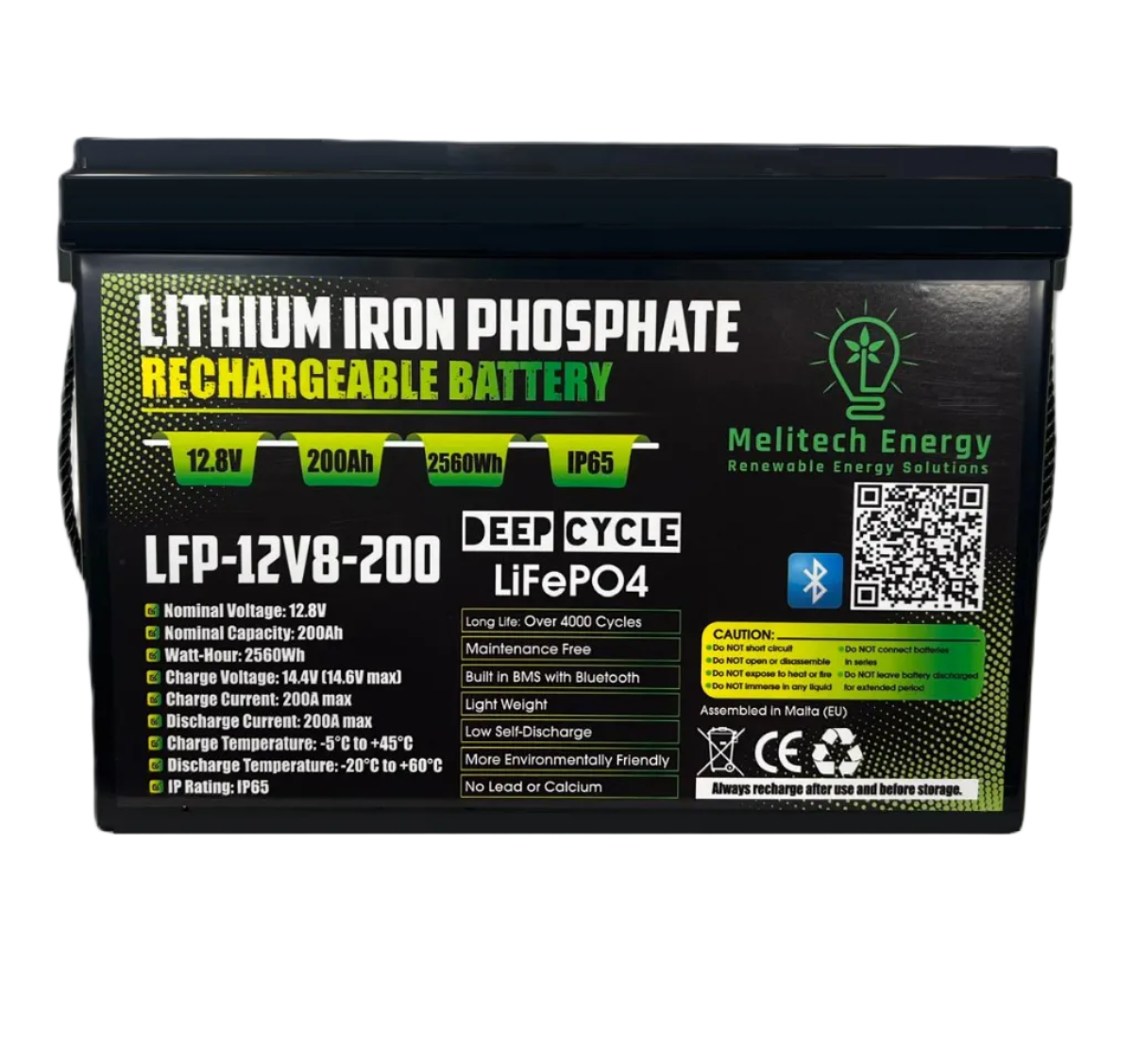 Battery LiFePO4: 12.8V/200Ah (2560Wh): Smart active balance + Bluetooth - 7 Yrs Guarantee