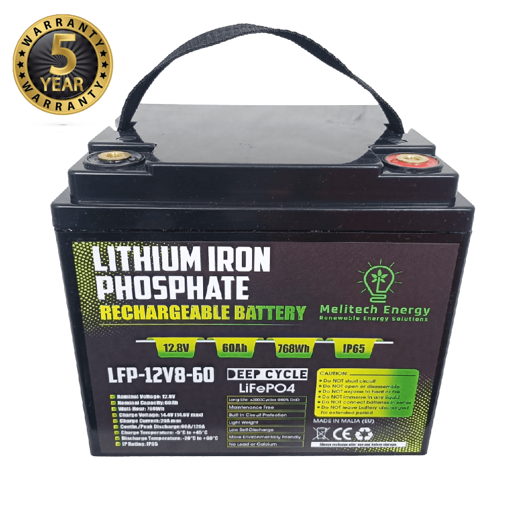 Battery-LiFePO4: 12.8V/ 60Ah (768Wh) - 5 yrs Guarantee - Melitech Energy