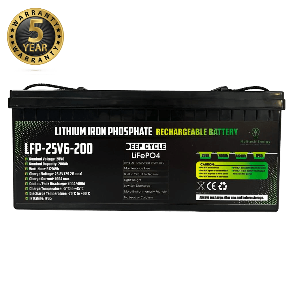 Battery-LiFePO4: 25.6V/200Ah (5120Wh) - 5 yrs Guarantee - Melitech Energy