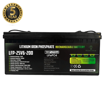 Battery-LiFePO4: 25.6V/200Ah (5120Wh) - 5 yrs Guarantee - Melitech Energy