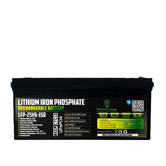 Battery LiFePO4: 25.6V/150Ah (3840Wh): Smart active balance + Bluetooth - 7 Yrs Guarantee
