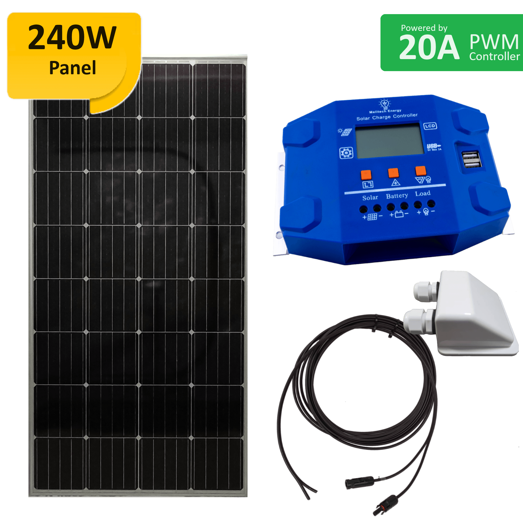 ECOSAVER-12V-240W: Kit with 240W panel-20A PWM controller - Melitech Energy