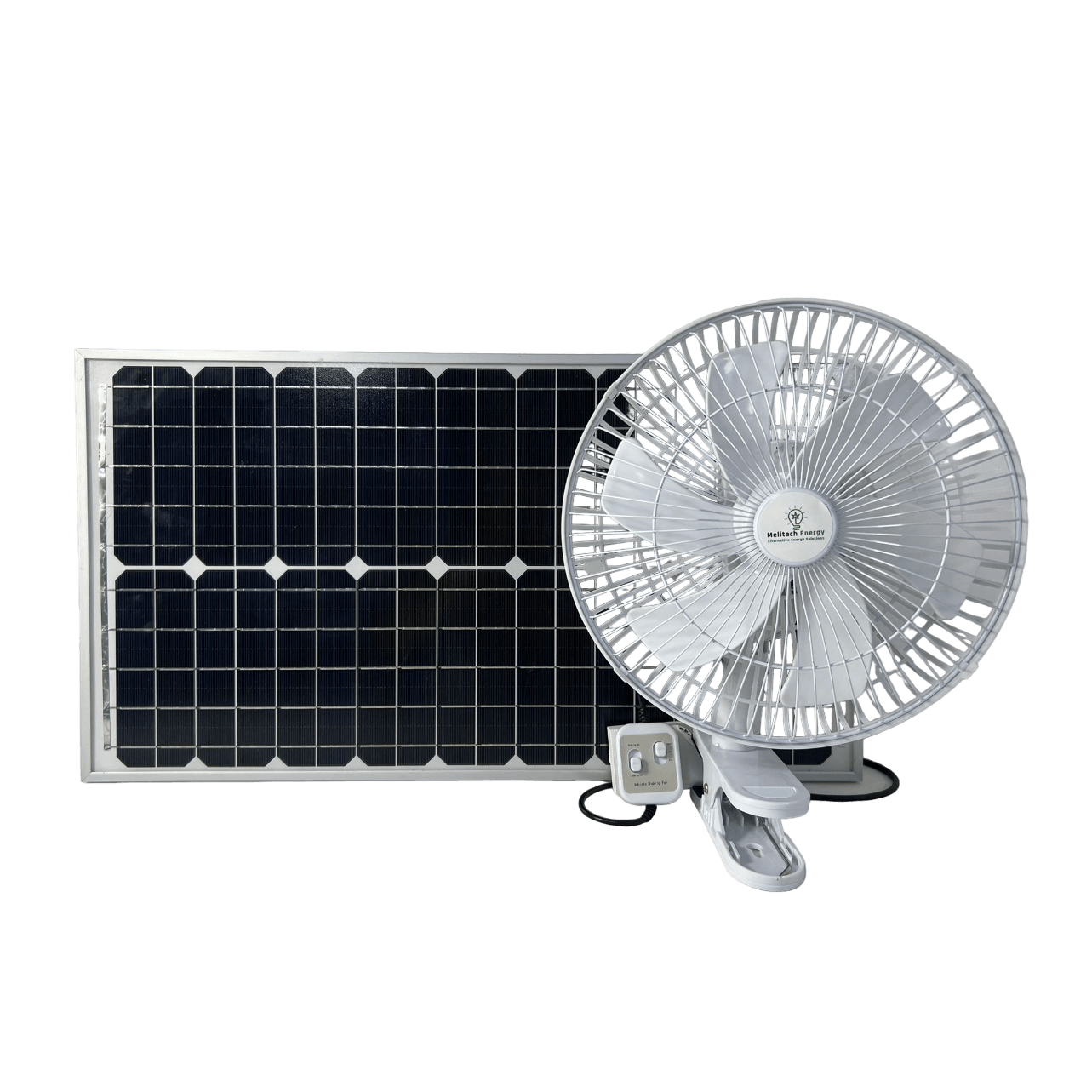 Solar Fan: 10 inch/26cm, 2 speed, oscillating with 30W solar panel - Melitech Energy