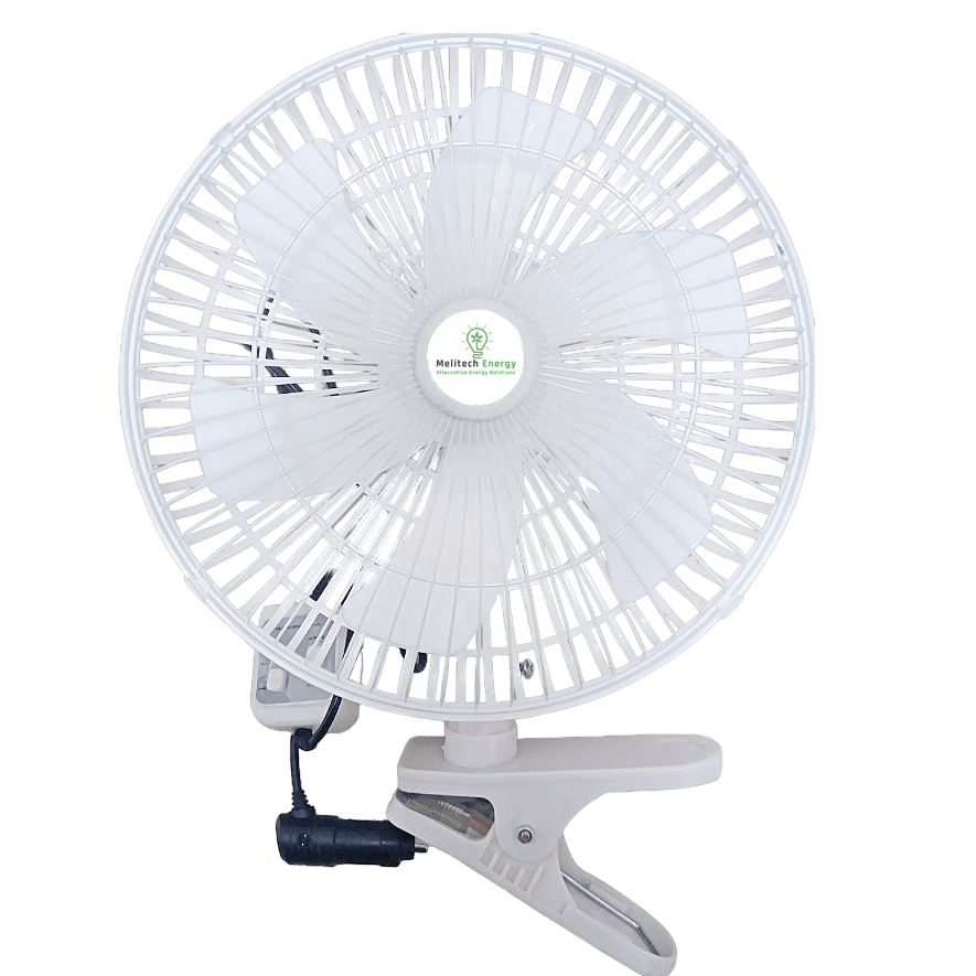 Solar Fan: 10 inch/26cm, 2 speed, oscillating with 30W solar panel - Melitech Energy