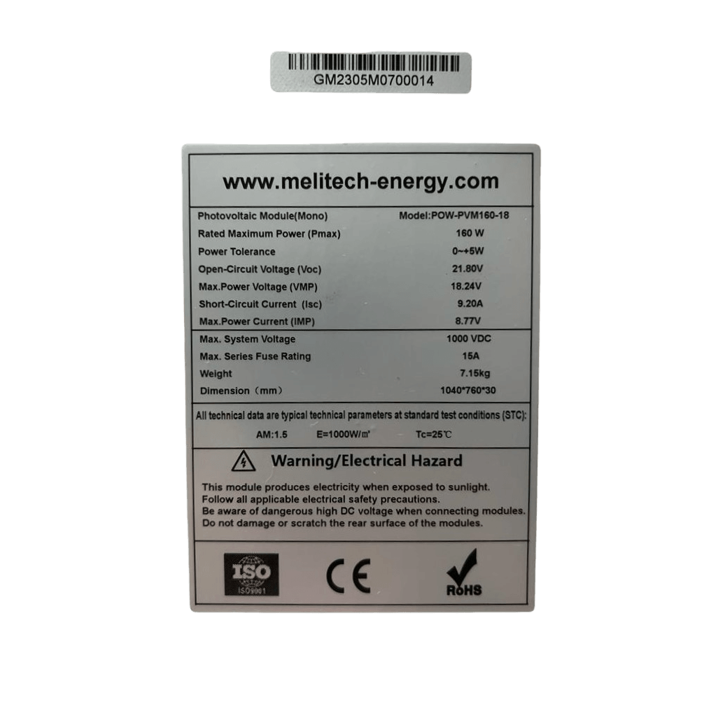 Solar Panel: Mono 160W with connectors - Melitech Energy